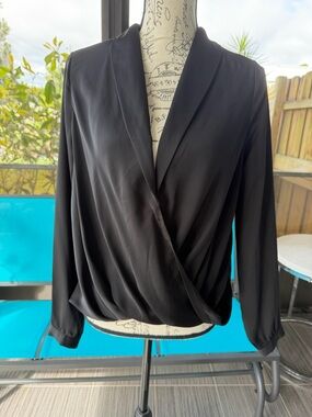 Black Draped Surplice Long-Sleeve Top Size Small